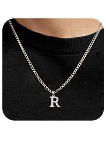 1 pièce Chaîne cubaine en acier inoxydable avec 26 lettres de l'alphabet anglais, collier pendentif avec lettre de A à Z, personnalisé, convient pour le port quotidien des hommes ou en cadeau - Acier - Voir 24