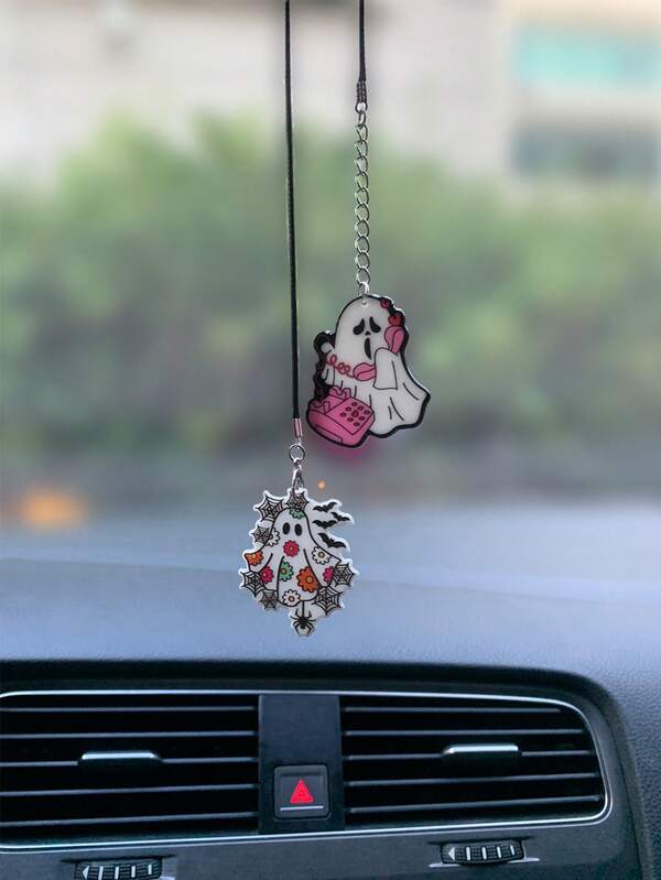 Halloween Series Personalized Black And White Ghost Pendants, Funny And Creative Spider Web Phone Ghost Car Pendants