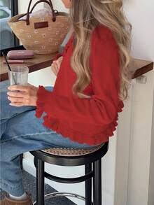 Knit Mix 优雅女士开衫，厚针织毛衣外套，浪漫法式风格，适合圣诞节和新年穿着，可爱圆领套头衫 - 紅色 - 查看 8