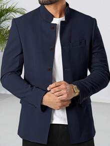 Mens Casual Suit Blazer Jackets Stand Mandarin Collar Lightweight Lined Business Dress Sport Coats - 藏青色 - 查看 1