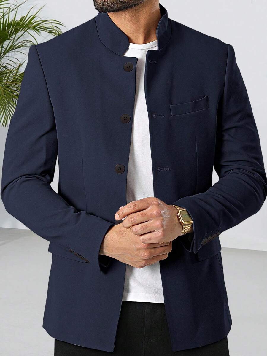 Mens Casual Suit Blazer Jackets Stand Mandarin Collar Lightweight Lined Business Dress Sport Coats - 藏青色 - 查看 1
