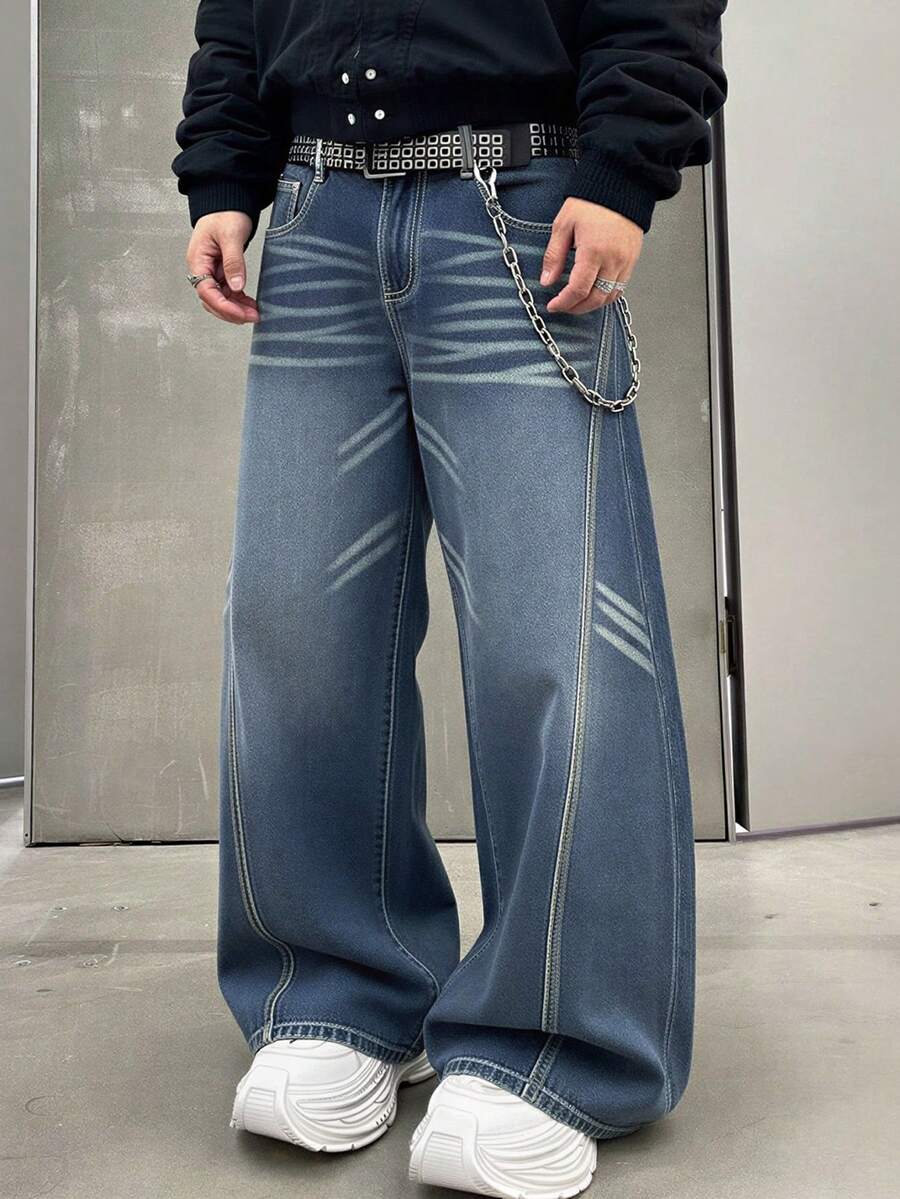 Vintage Men's Jeans, Versatile High-End Youthful Street Style Casual Washed Denim Unique Pocket Design Loose Straight Leg Pants, Suitable For All Seasons