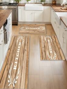 1/2/3 Pcs/Set Farmhouse Style Kitchen Mat, Non-Slip Rug With Printed Wooden Board And Olive Branch Design, Suitable For Home Use