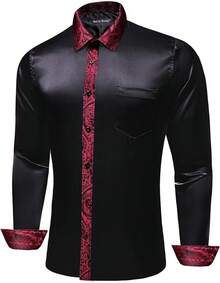Mens Satin Silk Shirts Long Sleeve Designer Dress Shirt Shiny Untucked Casual Button Down Shirt Party Disco Formalhalloween - B 黑色 紅色 緞面 - 查看 2