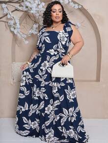 Plus Size Long Dress With Ruffle On The Shoulder - Navy Blue Estam. - View 1