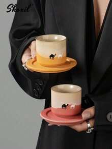 shoxil 1 件骆驼图案陶瓷茶杯盘套装，咖啡杯盘套装，茶杯套装，渐变咖啡杯，80毫升浓缩咖啡杯。适用于下午茶、家庭聚会、卧室、客厅、书房、咖啡厅 - Cup - 查看 10