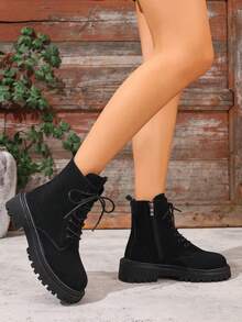 2025冬季新款女鞋，保暖冬靴，时尚百搭休闲女鞋，真皮踝靴，黑白踝靴，侧拉链系带女靴，厚底女靴，侧拉链系带踝靴，时尚女靴，机车靴，黑色靴子 - 黑色 - 查看 3