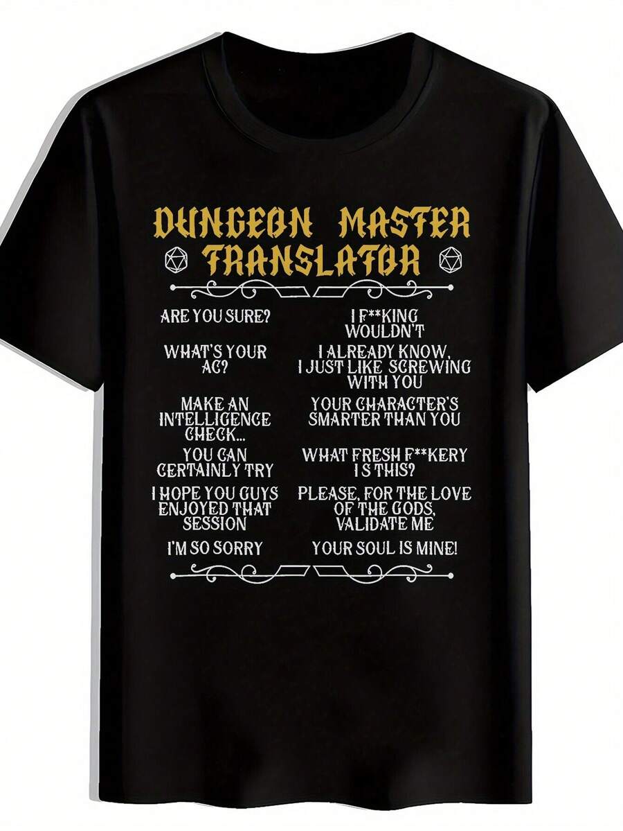Men's Black Dungeon Master Translator Humorous RPG T-Shirt - Hexagon Dice Icons & Multilingual Text Design, Casual Short Sleeve Round Neck Summer Tee For Tabletop Gaming Fans - 黑色 - 查看 1