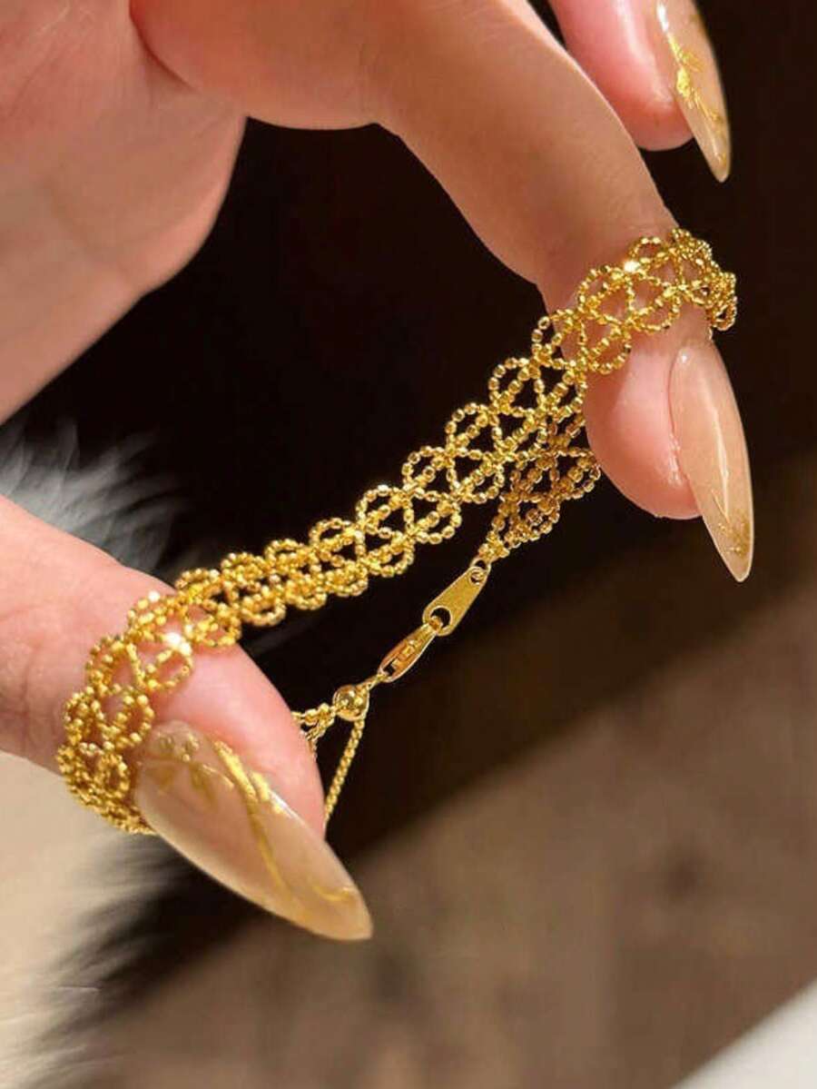 1pc Lace Trim Bracelet, Fashionable, Elegant, Delicate, Adjustable, Niche Design, High-End - Gold - View 1