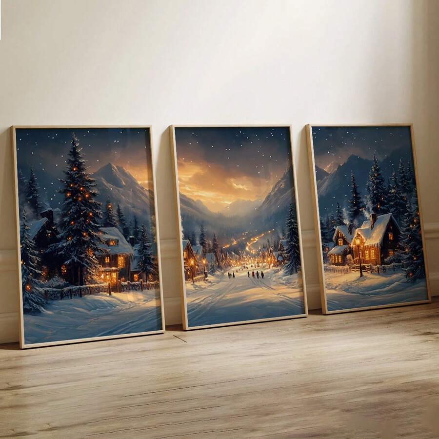 3 Stück/Set Leinwandkunst-Kollektion Schneeberg-Dorf, hochauflösende Drucke, geeignet für Heim-Dekoration, Zimmer-Dekoration, Schlafzimmer-Dekoration, Wohnzimmer-Dekoration, Badezimmer-Dekoration, Wanddekoration, wahlweise mit Rahmen - Verschiedenfarbig - Übersicht 1