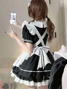 1 قطعة من المريلة المطرزة ذات الياقة بيتر بان القابلة للإزالة والزخرفة بالفيونكة الأنيقة، مناسبة لفستان خادمة لوليتا مع تنورة مكشكشة، زي هالوين، فستان حفلة - متعدد الألوان - مشاهدة 3