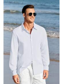 Mens Button Up Shirts Long Sleeve Linen Beach Casual Cotton Summer Lightweight Tops - 白色 - 查看 3