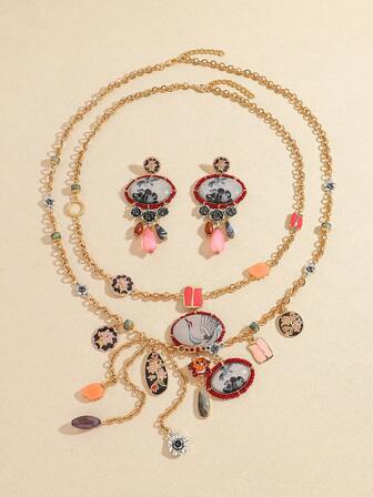 4pcs Resin Pendant Necklace & Earrings Set, Featuring Contrasting Metal Flower And Multi-Gem Decor, Oval-Shaped Resin And Beaded Pendants, Suitable For Women's Daily Wear, Ideal Mother's Day Gift, All Season