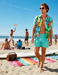 Men's Hawaiian Shirt Button Down Tropical Beach Short Sleeve Aloha Shirthalloween - 白花藍 - 查看 9