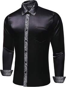 Mens Satin Silk Shirts Long Sleeve Designer Dress Shirt Shiny Untucked Casual Button Down Shirt Party Disco Formalhalloween - B 黑色 灰色 緞面 - 查看 5