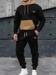 Men's Spring/Autumn Lightweight Personalized Letter Print Contrast Color Hoodie And Sweatpants Set, Fashion Casual Men's Clothing With Pockets, Drawstring Waist Pants, 2 Pieces Outfit, Suitable Gift For Husband Or Boyfriend