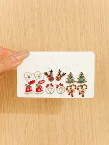 6 أزواج من أقراط مجموعة مجوهرات هدية عيد الميلاد المفاجئة للنساء، قطرات زيتية مرصعة بالراين ستون على شكل شجرة عيد الميلاد والأجراس، تخلق أجواء عيد الميلاد