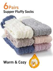 6 Pairs Fluffy Soft Warm Socks, Suitable For Winter, Can Be Used As Christmas Stocking Stuffers, Cute Gift For Women In Autumn/Winter (Size 36-39)