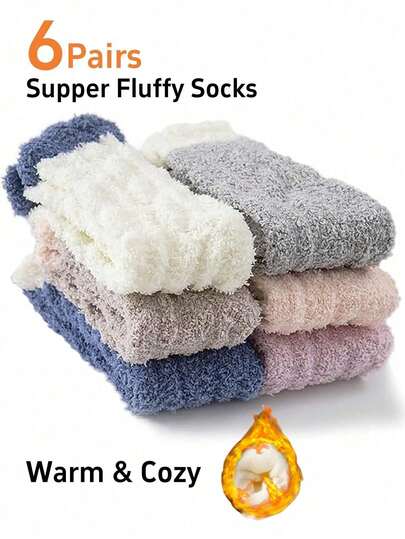 6 Pairs Of Fuzzy Socks Soft Cozy Fluffy Slipper Winter Warm Plush Socks Christmas Stocking Stuffers Gifts For Women Autumn