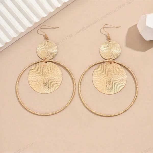 1 Pair Fashionable Luxury Exaggerated Gold Metal Geometric Circle Dangle Earrings, Suitable For Daily Wear, Banquet, Party, Holiday Gift