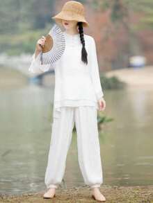 LUCIDVUE 2 件套女式白色改良汉服套装，中式不对称设计唐装，复古纽扣喇叭袖亚麻上衣和休闲灯笼裤，适合禅修、瑜伽、太极 - 白色 - 查看 4