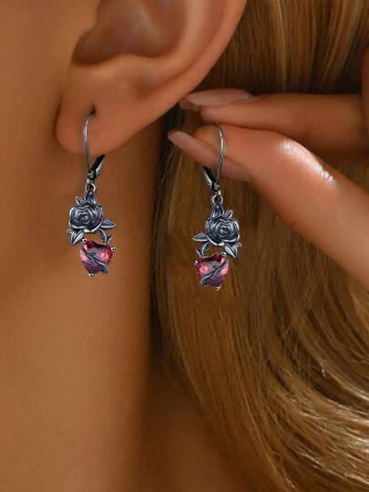1 Pair Gothic Rose Earrings, Red Heart Paired With Black Rose Earrings, Fashionable Halloween Item