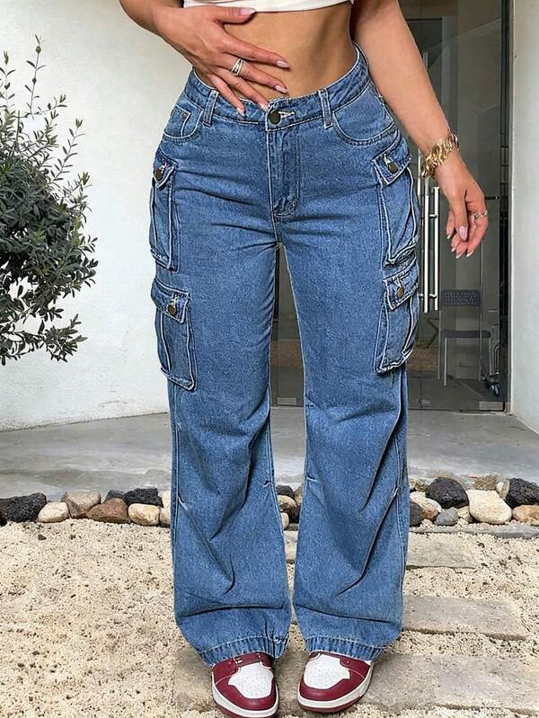 Pantalones rectos de mezclilla de estilo de ropa de trabajo para mujer de talla grande