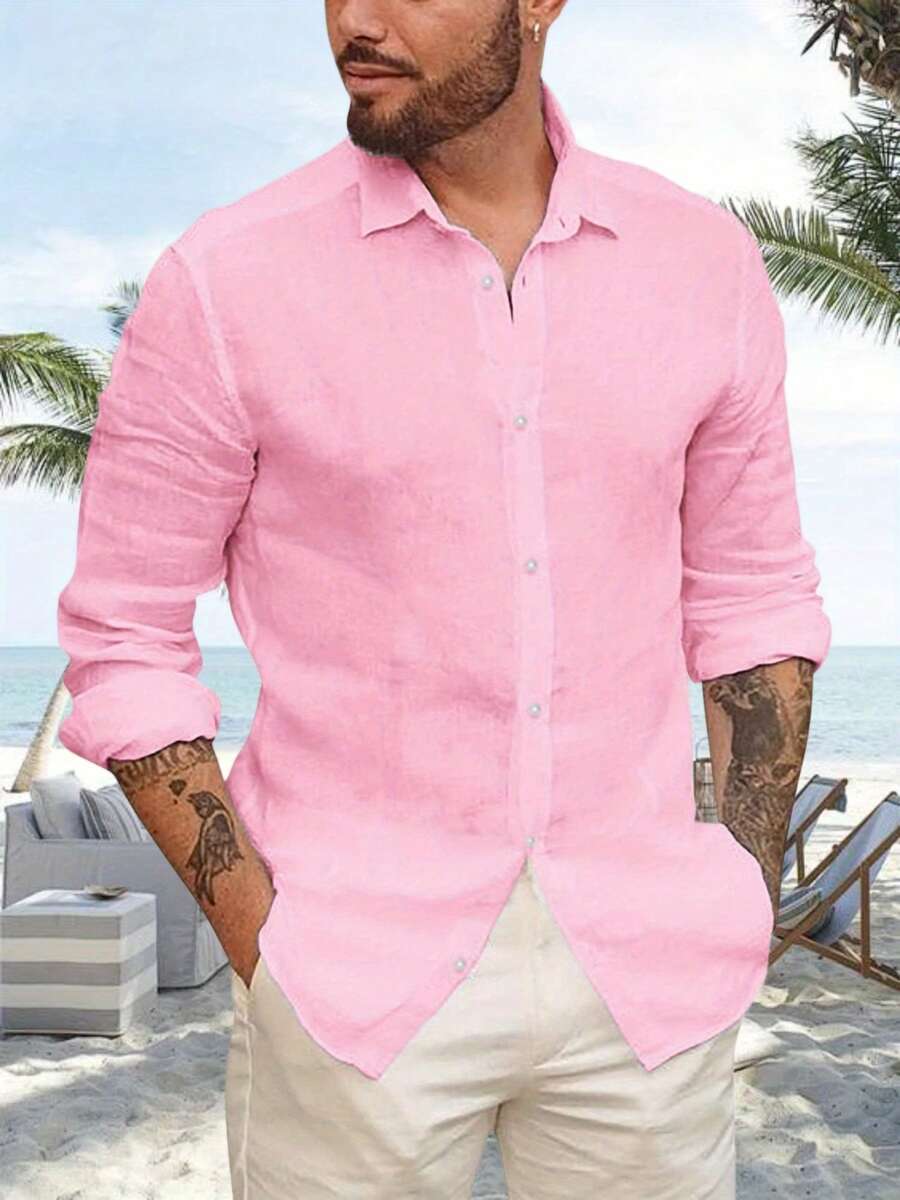 Mens Button Up Shirts Long Sleeve Linen Beach Casual Cotton Summer Lightweight Tops - 粉紅色 - 查看 1