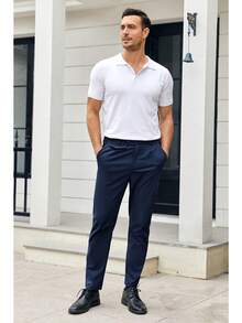 Mens Chinos Slim Fit Pants Flat Front Stretch Skinny Tapered Dress Pants Comfort Casual Solid Trousers - 藏青色 - 查看 3