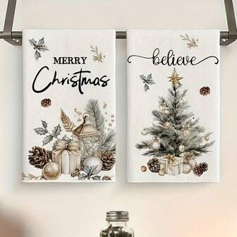 2 pezzi Stile natalizio, Asciugamani con stampa "Buon Natale" e "Albero di Natale", Panni da cucina in microfibra super assorbenti e moderni, Asciugamani da tè, Panni per piatti, Asciugamani da bagno, Super morbidi e altamente assorbenti, Decorazione da cucina, Articoli essenziali da cucina, Necessità domestiche, Asciugamani da doccia per salone di bellezza, hotel, sport, essenziali per la casa