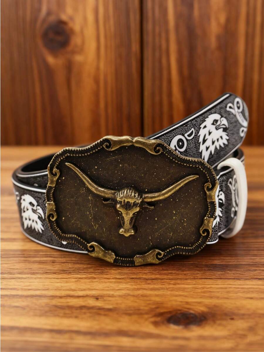 1pc Unisex Vintage Western Cowboy Style Carved Bull Head Print Belt, Suitable For Jeans, Cargo Pants, Party, Holiday Gift