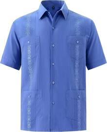 Mens Short Sleeve Button-Down Guayabera Shirts For Men Cuban Embroidered Pleats Beach Shirts…Halloween - Lakeblue - View 9