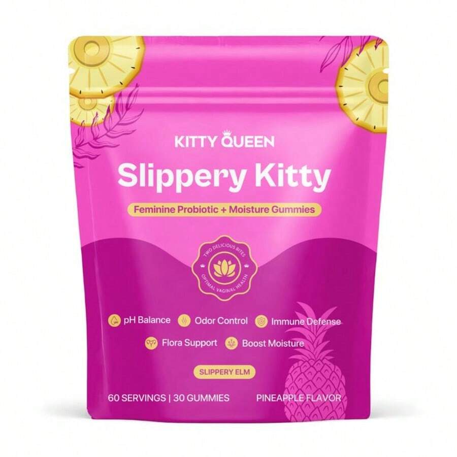 Free Shipping - Slippery Kitty Feminine Probiotic + Moisture Gummies - All In One Solution With Slippery Elm 60 Count Pineapple Flavor, For Women, Daily Care - Quả dứa - Xem 1