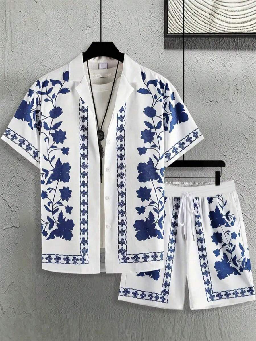 Set Piyama Pria Motif Bunga - Kemeja Lengan Pendek Berkerah dengan Saku dan Celana Pendek Tali Serut, Hadiah Ulang Tahun untuk Pacar, Kain Rajut, Pakaian Rumahan untuk Liburan Pantai Musim Semi dan Musim Panas, Set 2 Potong