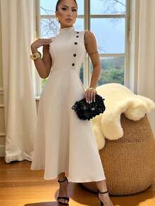 High Neck Midi Dress Flared Dress With Marked Waist Premium Tailoring Elegant With Front Buttons | Women's Fashion 2025 Evangelical Fashion | Sophisticated Look For Party, Work And Casual Chic - 杏色 - 查看 3
