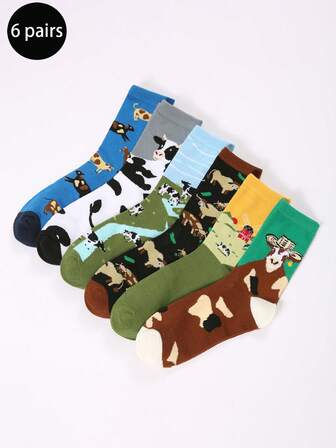 6 Pairs Autumn/Winter Mid-Calf Socks, Cartoon Cow Funny Contrast Color Men's Socks