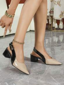 Women's Pointed Toe Elegant Chunky Heel Open Back Fashion Sandals - Black/Apricot - View 5