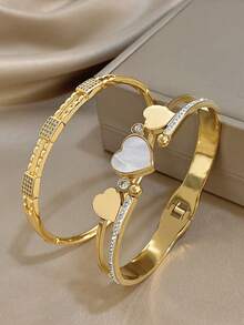 Pulsera elegante de brazalete con diamantes de imitación con forma de corazón para mujeres, pulsera cuadrada de acero inoxidable dorado para uso diario, fiestas, joyería, regalos de Halloween y Navidad