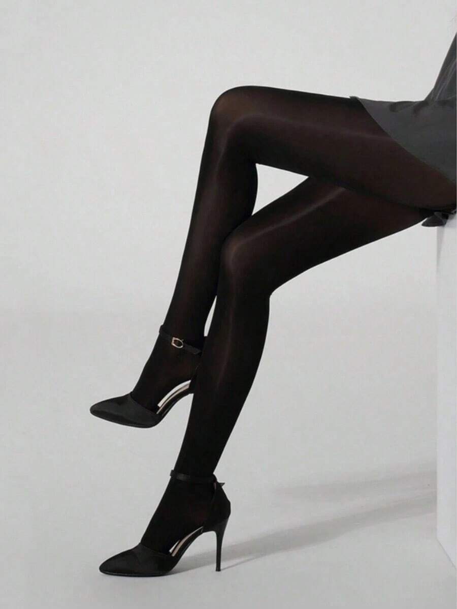 1pc Women Elastic Glossy Tights, Cozy - Black - View 1