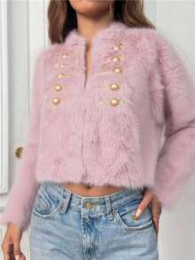 Novedades otoño/invierno Ropa de abrigo para mujer Chaqueta corta con ribete de piel Diseño cruzado Forro polar grueso para proteger del frío Cierre con cremallera y bolsillos Elegante estilo bohemio Y2K Informal, sensual, ropa para estar en casa, salidas, vacaciones, fiestas Prendas de punto cálidas a rayas Pantalones con motivos bordados Adecuado para Navidad, Halloween, Año Nuevo, Día de Muertos, citas, cumpleaños, bodas - Rosa - Ver 1