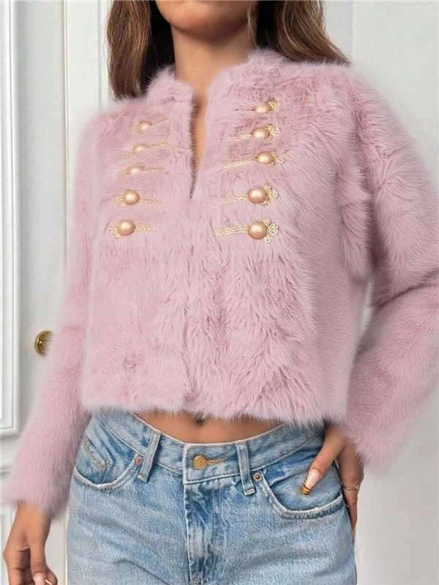 Novedades otoño/invierno Ropa de abrigo para mujer Chaqueta corta con ribete de piel Diseño cruzado Forro polar grueso para proteger del frío Cierre con cremallera y bolsillos Elegante estilo bohemio Y2K Informal, sensual, ropa para estar en casa, salidas, vacaciones, fiestas Prendas de punto cálidas a rayas Pantalones con motivos bordados Adecuado para Navidad, Halloween, Año Nuevo, Día de Muertos, citas, cumpleaños, bodas - Rosa - Ver 1