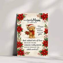 1pc Christmas Card For Mom - Cute Teddy Bear & Floral Wishes With Poinsettias & Holly, Heartfelt Message From Son Or Daughter, Special Gift For Mother - Red & Green Holiday Greeting Card With Golden Bow & Snowflakes, Sentimental Keepsake For Mum, Festive Bear Design With Red Poinsettias & Green Foliage, Perfect For Christmas Celebrations,