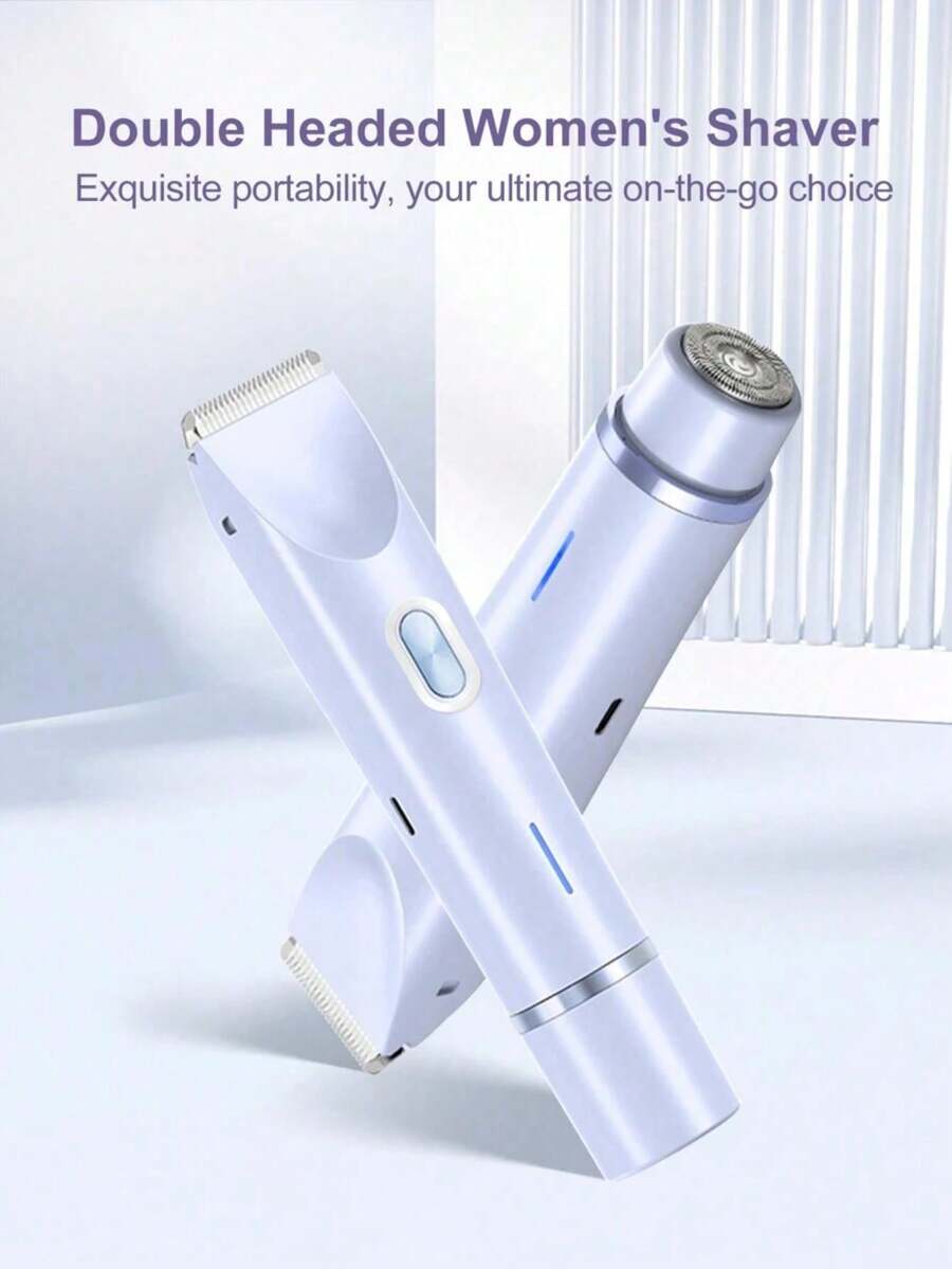 Women's 2-In-1 Pink Double Headed Bikini Trimmer Electric Shaver, Wet And Dry Dual Use, Body Hair Removal Device, Suitable For Bikini, Underarm, Leg, Arm, Face, Long Battery Life, Charging, Low Allergy Blade, Facial Hair Removal | Ergonomic Handle | Adjustable Trimmer 400mAh Battery - 藍色 - 查看 1