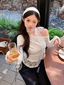 女士休闲露肩蕾丝拼布系带长袖上衣，适合冬季、圣诞节、春节、新年 - 白色 - 查看 4