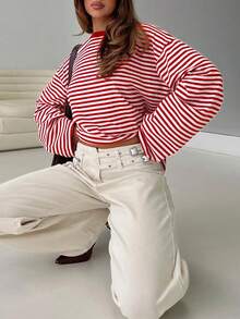 Casual Commute Daily Drop Shoulder Loose Striped Top - Red and White - View 8