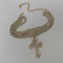 1pc Fashionable European And American Style Exaggerated Multilayer Necklace With Full Rhinestones, Personality Pendant Party, Collarbone Chain Jewelry - 金子 - 查看 12