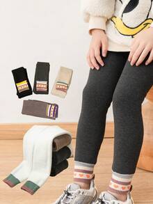 1 Pair Girls' Thick Warm Ankle Length Leggings With Heart Shaped Colorful Cuffs, Comfortable Stretchy Pants, Versatile Kids Clothing, Multiple Colors Available - Multicolor - View 2