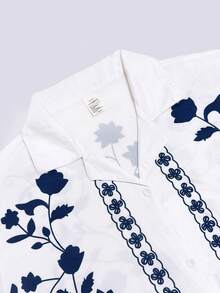 Set Piyama Pria Motif Bunga - Kemeja Lengan Pendek Berkerah dengan Saku dan Celana Pendek Tali Serut, Hadiah Ulang Tahun untuk Pacar, Kain Rajut, Pakaian Rumahan untuk Liburan Pantai Musim Semi dan Musim Panas, Set 2 Potong - Blue and White - View 7