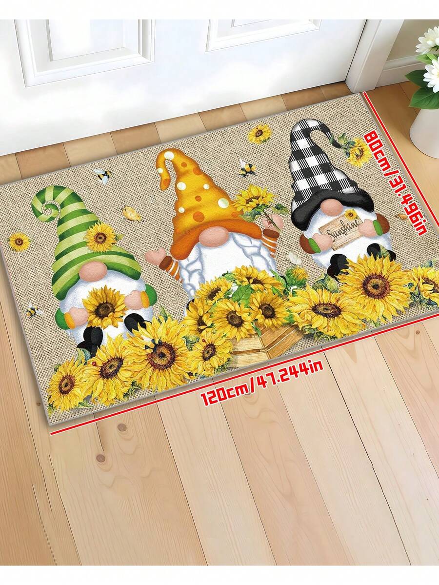 1 Stück saugfähige rutschfeste Dekorative Fußmatte mit Frühlingsmotiv Sonnenblume & Gnom - leicht für Wohnzimmer & Küche - Raumdekoration, Heimdekoration