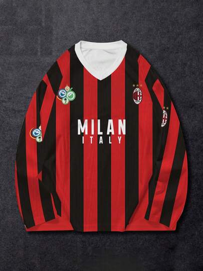 Conjunto Esportivo Masculino Novo com Impressão de Letra e Número Esportivo, Camisa de Manga Longa Solta, Estilo de Clube de Futebol, Confortável e Leve, Estilo Campus e Rua para Primavera, Verão e Outono